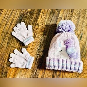 Girls Cat & Jack light purple, white & blue unicorn winter hat & gloves